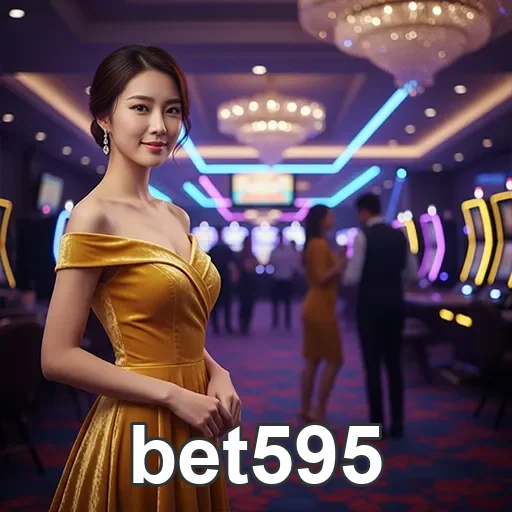 Jogadora elegante em cassino com o app bet595 ao fundo.