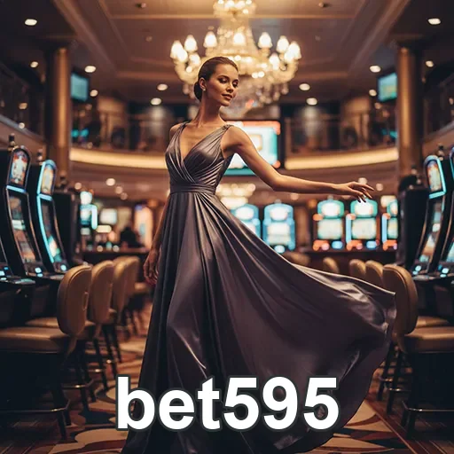 Jogadora elegante no cassino bet595 com slot machines ao fundo.